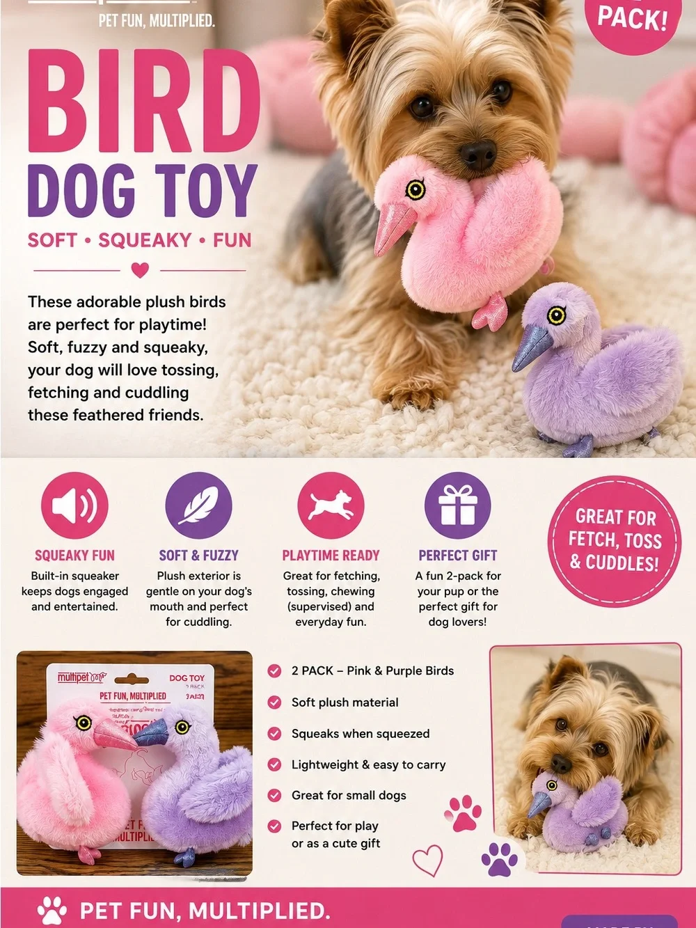Plush Pink & Purple Bird Dog Toys - 2 Pack